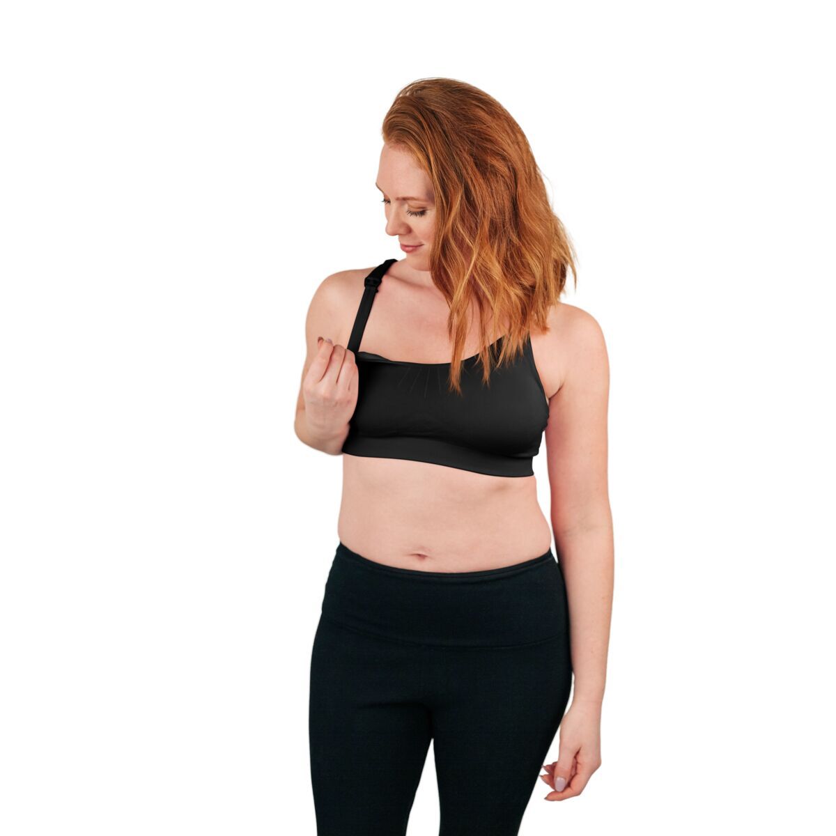 Front of woman wearing black nursing bra using nursing clip feature